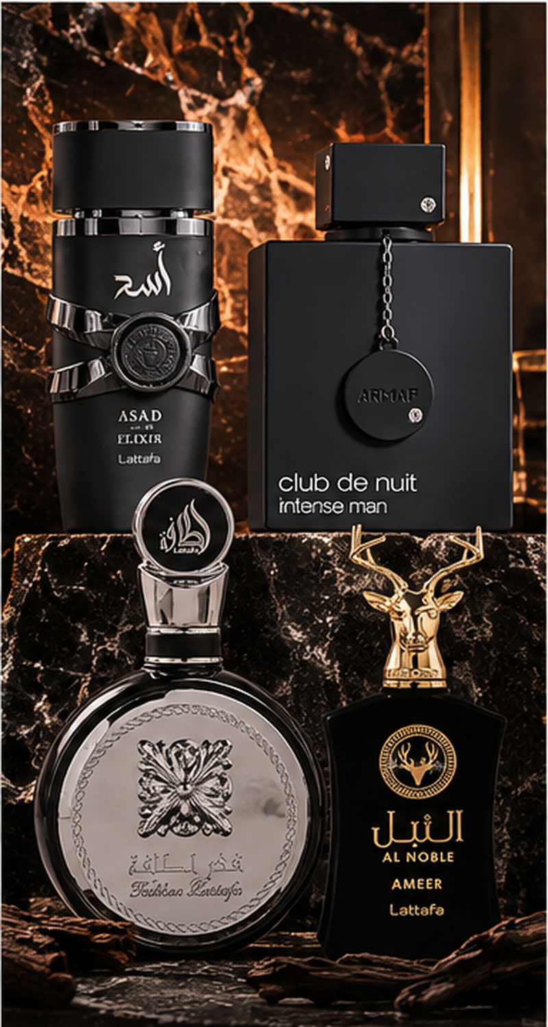 Frasco de perfume masculino escuro com detalhes dourados