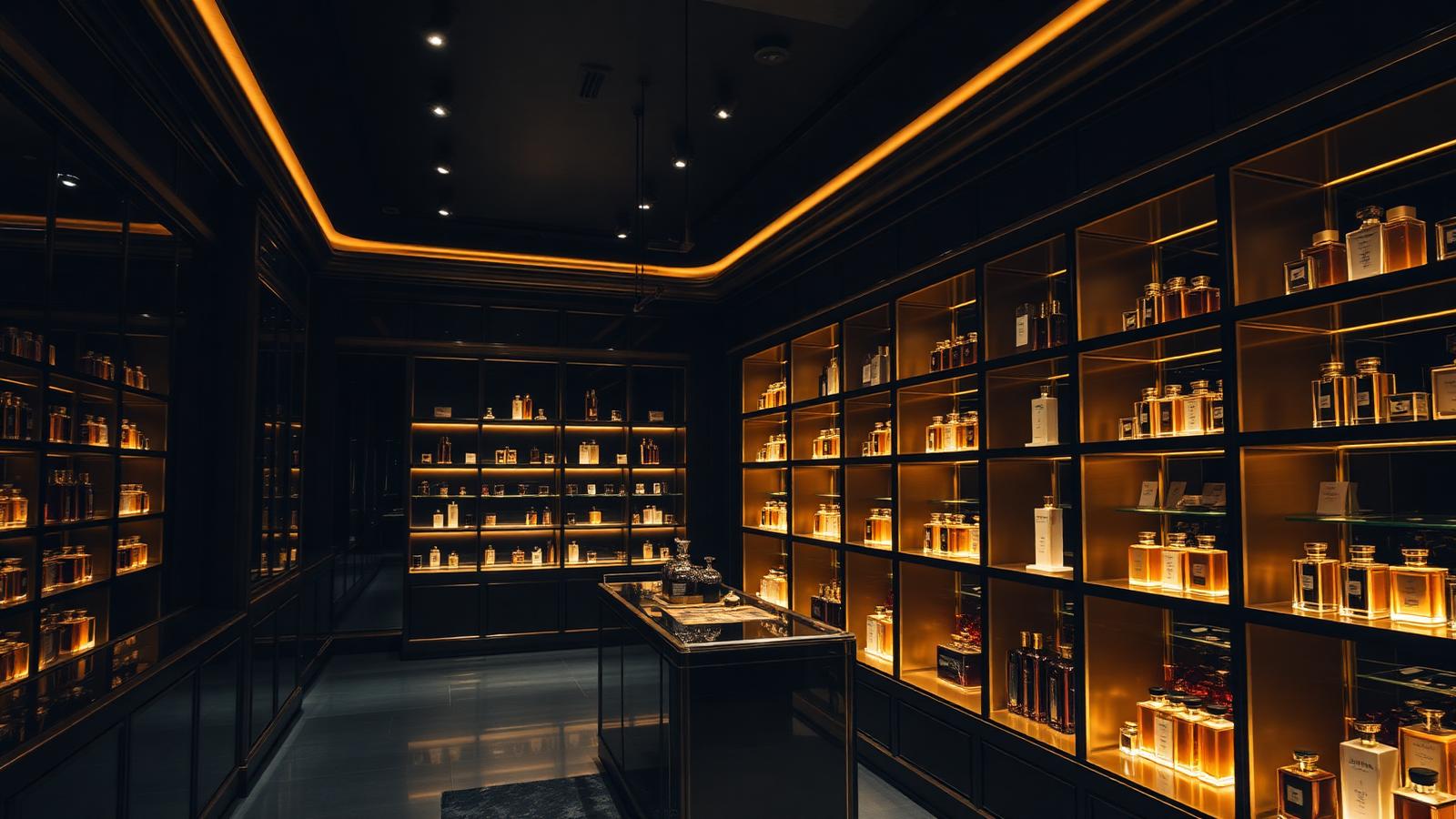 Interior de boutique de perfumaria de luxo com iluminação dourada